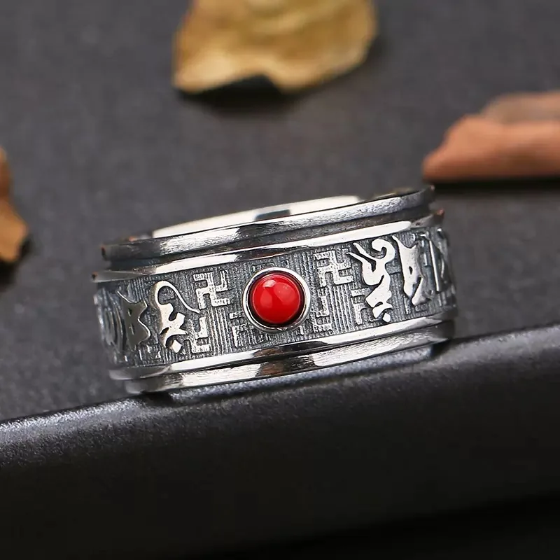 

Rotable Tibetan Vintage Thai Silver Ring Chaomen's Dominant Heart Sutra Pure Silver Ring Diamond Pestle