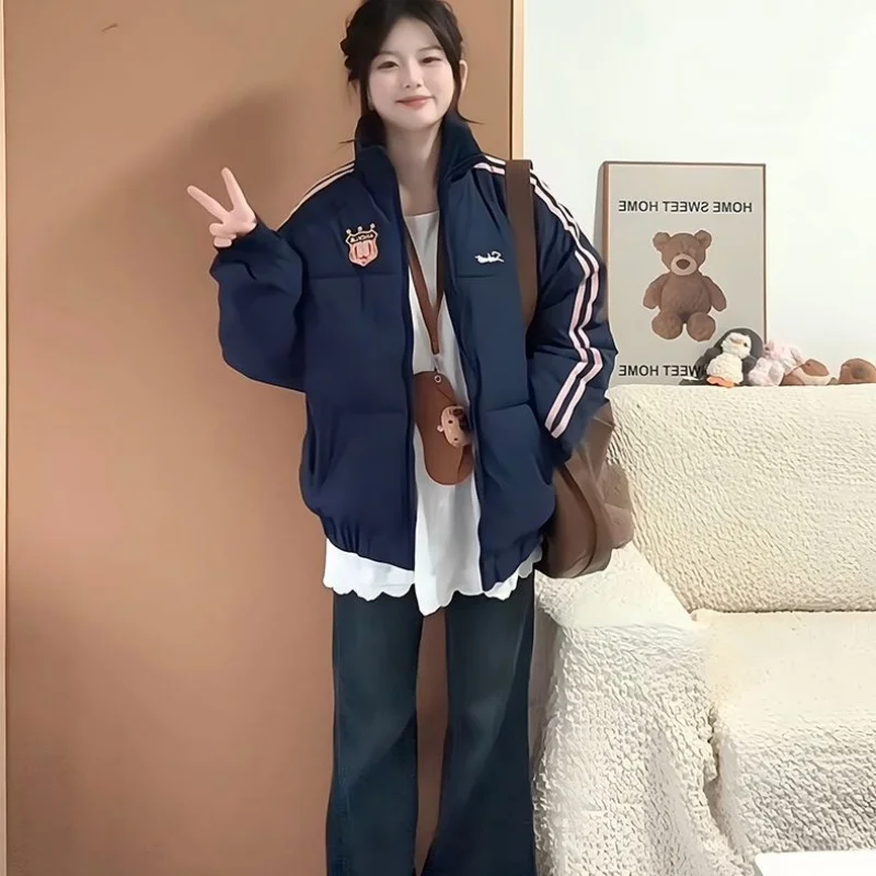 Women Korean Navy Blue Stripe Cotton Coat Women Oversized Drop Shoulder Badge Embroidery Short Campus Winter Padded Jacket