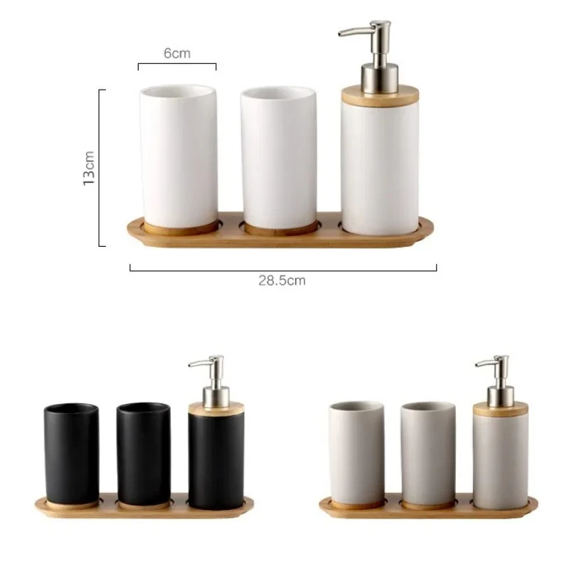 Ceramic Bathroom Accessories Set Toothbrush Holder Tumbler Soap Dispenser with Bamboo Tray Household Bathroom Decoration Kit