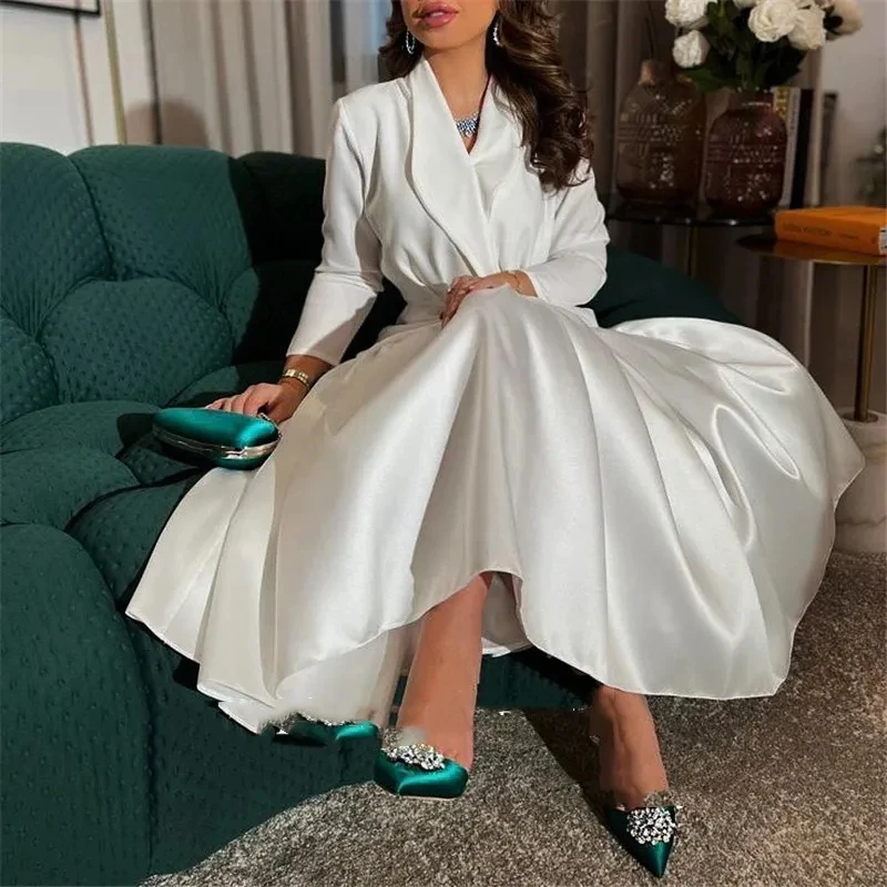 Vintage Satin Mermaid Evening Dresses Long Sleeves V Neck Tea Length Saudi Arbaic Party Dress Women Formal Prom Gowns Vestidos D