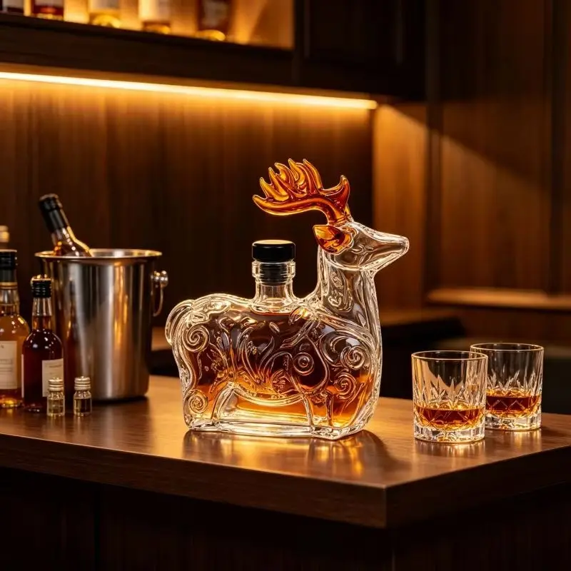 Unique Stag Antler Deer Sculpture Whisky Decanter Glass Liquor Bottle Home Bar Display Ornament Gift