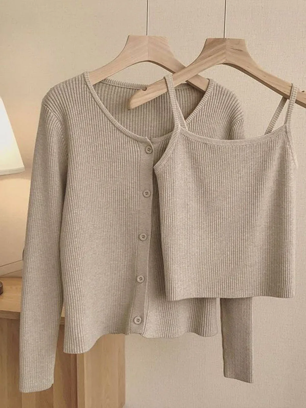 

Casual Knitted Sweater 2pc Set Women's Spring Autumn Sling Tank Inner+Single Breasted Long Sleeve O-Neck Cardigan Top Set