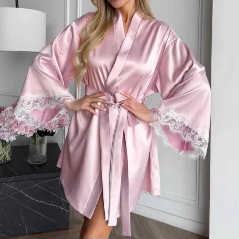 

2026 Satin Satin Lace Short Long Sleeve Pajamas Nightgown European and American New Home Clothes for Women
