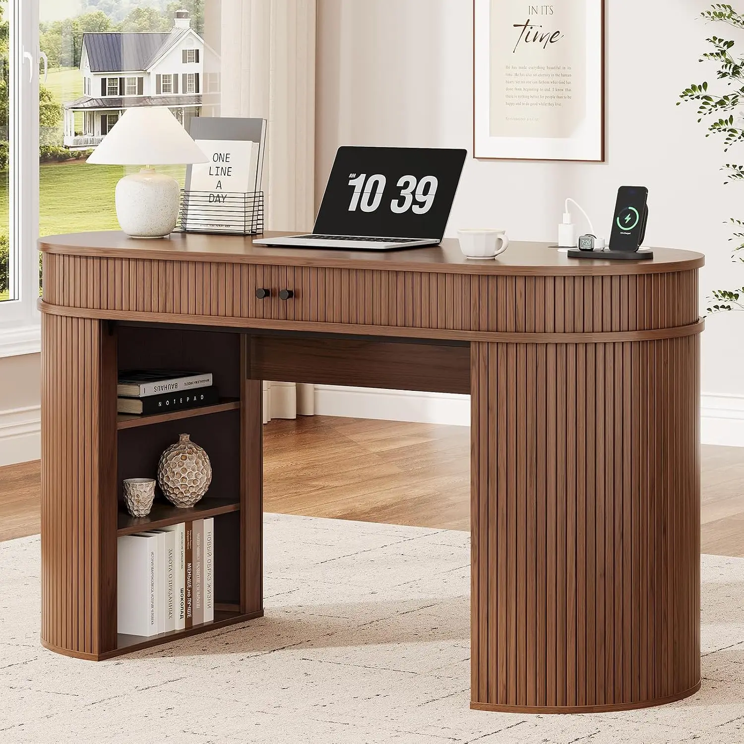 55 Inch Fluted Office Desk With Open & Hidden Storage, Walnut, Customized