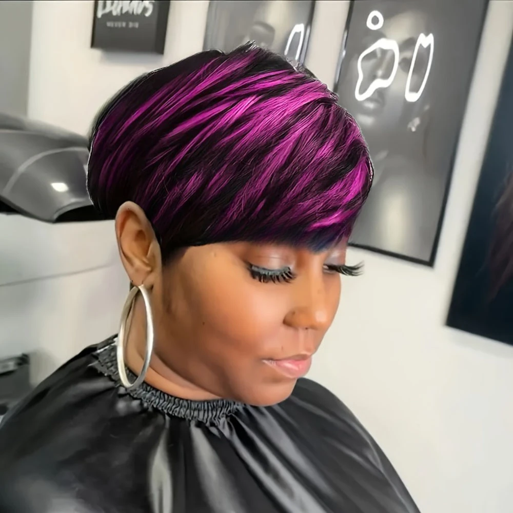 1B/Purple Color Straight Human Hair Wig With Bangs Pixie Cut Straight Human Hair Wig Full Machine Made Wig