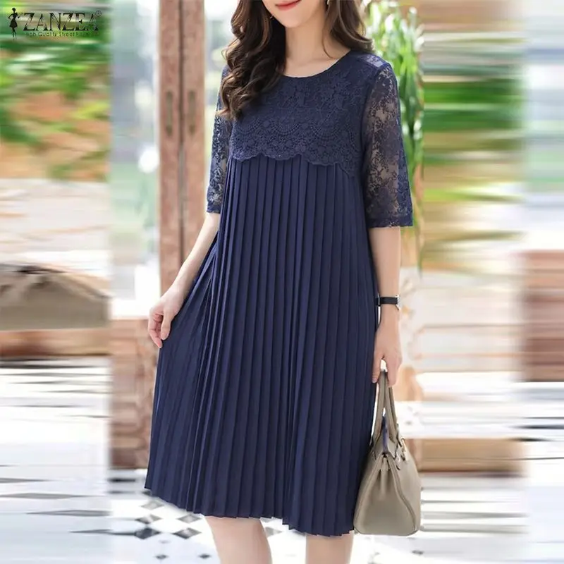 

Women Elegant Lace Patchwork Knee-Length Dress O-Neck Short Sleeve Pleated Detailing Loose Dresses ZANZEA Everyday Wear Robes