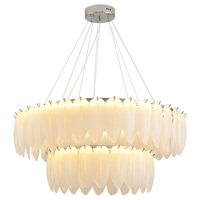 

French style, light luxury, living room, feather chandelier, cream feng shui crystal glass