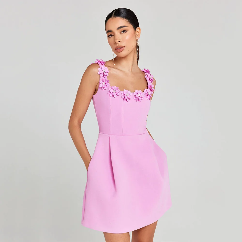 

Customized Luxury Cocktail Dresses for Women 2026 Pockets Column Cocktail Gowns Mini 3D Flowers Tank Modern Women's Party Dress