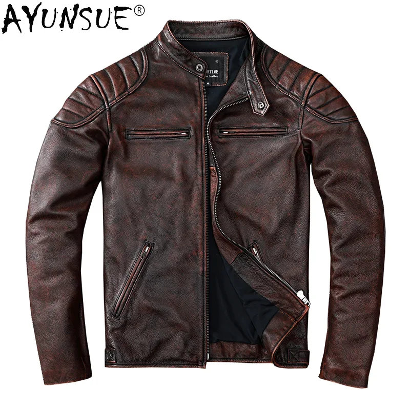 

AYUNSUE Real Genuine Leather Jacket Men Stand Collar Vintage Cow Leather Coat Motorcycle Women's Clothing Chaquetas Hombre WPY