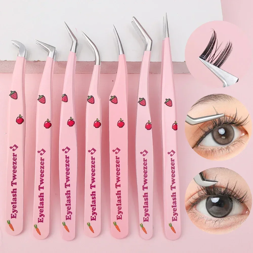 Pink Stainless Steel Cílios Pinças Set, 7 Tipos Curvo Strip, de alta qualidade, Anti-estático, 3D Lashes Extensão Pinça, Maquiagem Ferramentas