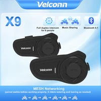 Velconn-intercomunicador de malla X9 para casco de motocicleta, auriculares Bluetooth para 6 conductores, 1500M, Full Duplex, parlante de música, Radio FM IP65