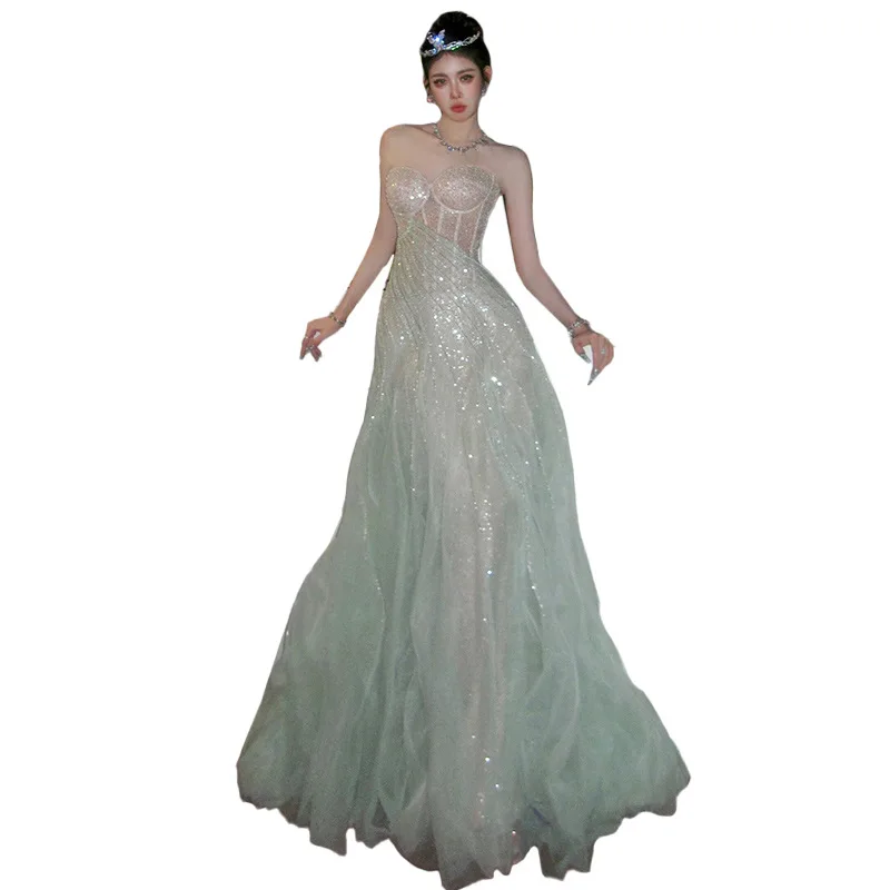 Schweres, schulterfreies Kleid mit Stickerei, Ele-Abendkleid, sexy Gastgeber, Geburtstag, mittlere Taille, chinesische Produktion, Sommer 2024