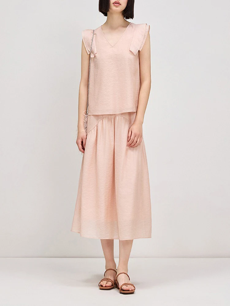 

High Quality Pink Vest Skirt Outfit Spring Women V-neck Flying Sleeves Pullover Top+High Waist Bust Skirt Summer Two Piece Set