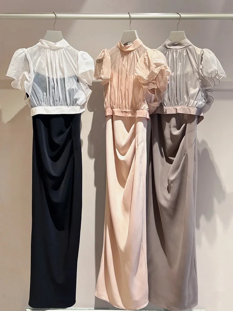 

Spring Fashion Japanese Style Women's Two-Piece Set with Shawl Thin Veil Belted Strap Pleated Long Dress Sweet Style Polyester