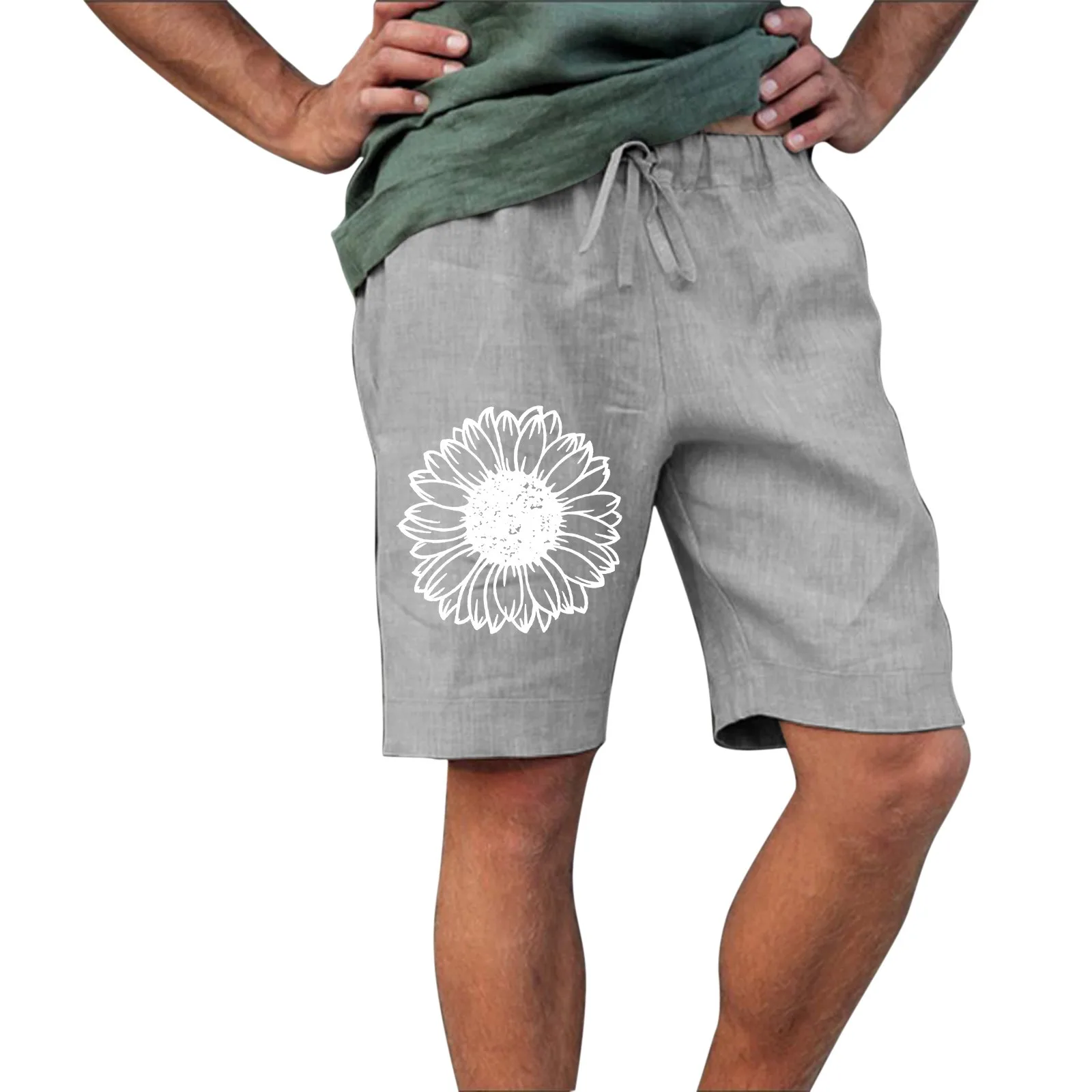 Men's Fashionable Casual Summer Sunflower Printed Drawstring Pocket Shorts Rank Shorts