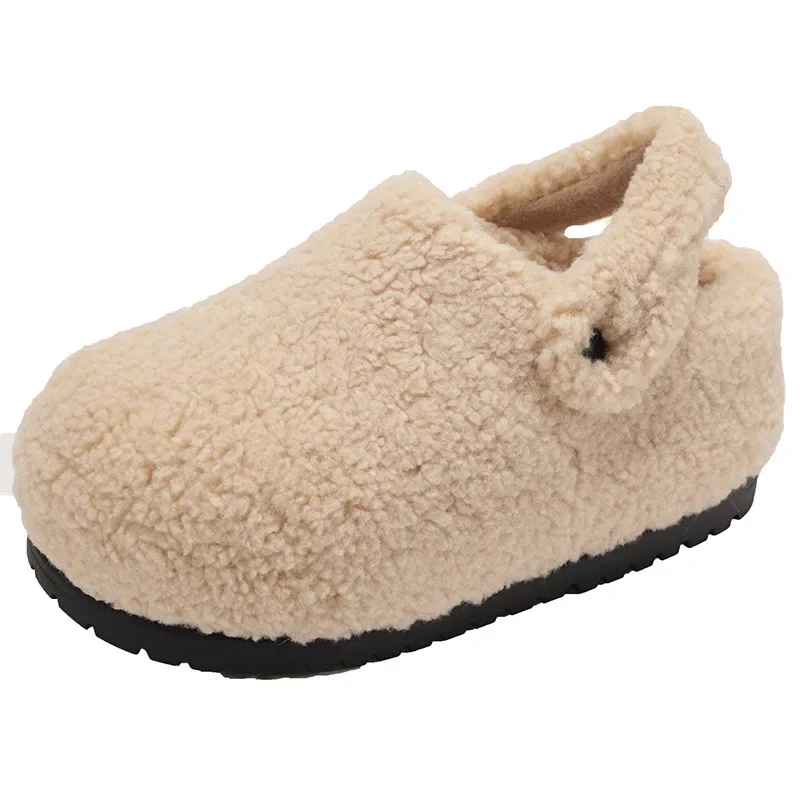 

Warm White Retro Plush Slippers Women's New Winter Outdoor Wearable Slip-On Padded Footbed High Heel Increase Slippers