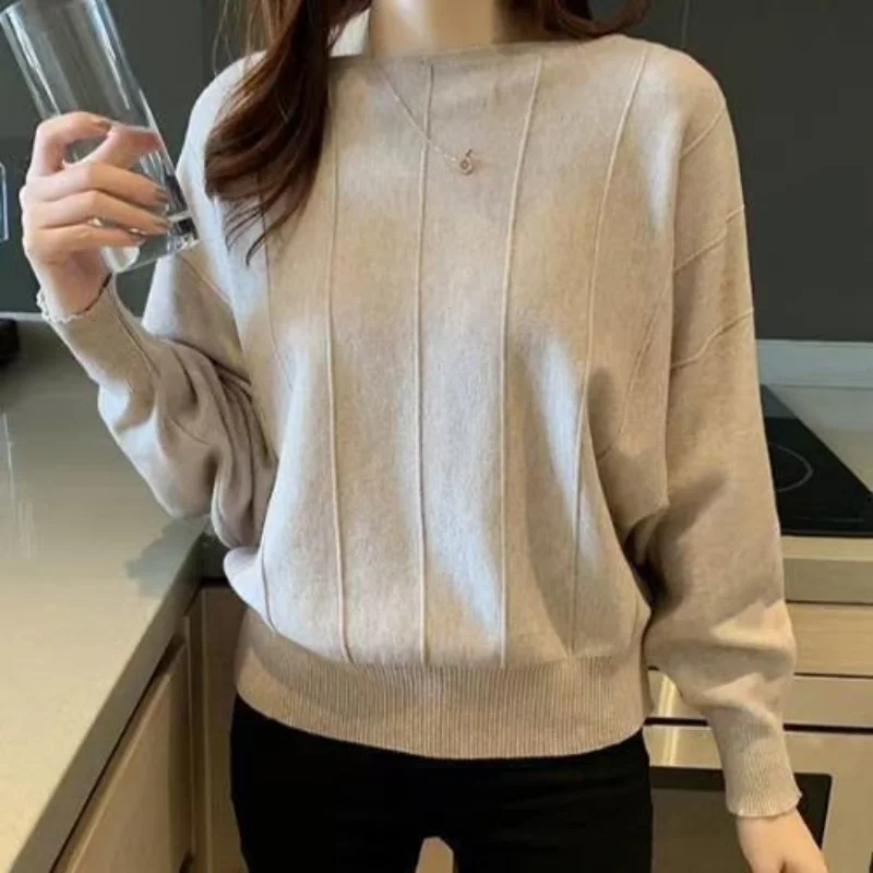 

Loose short knitting casual sweater women 2023 autumn clothing bat shirt o neck solid long sleeve sweater pullover female top