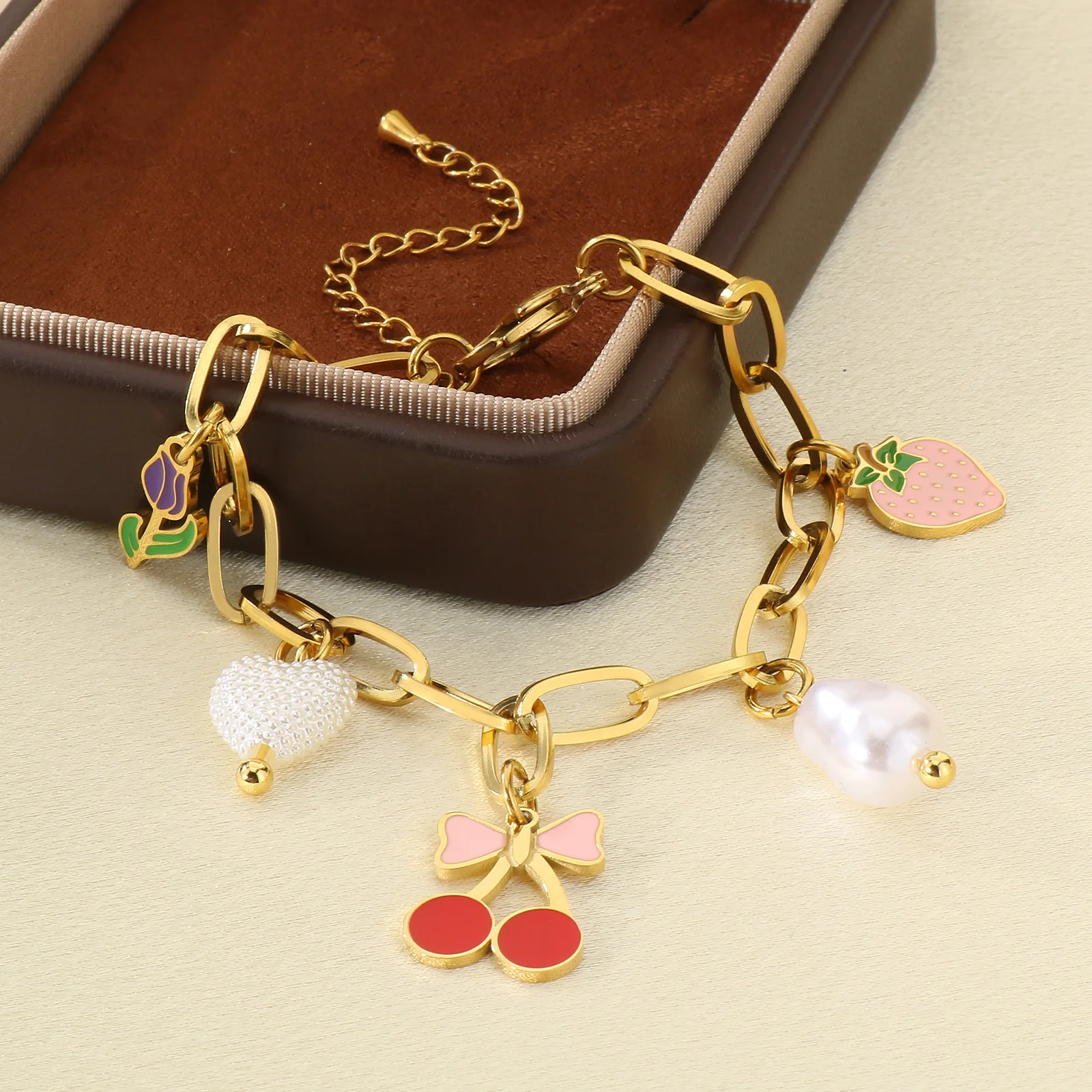 Delicious Fruit Cherry Strawberry Charms Energy Fruit Chain Stainless Steel Bracelet Boho Style Sweet Dopamine Woman Jewelry