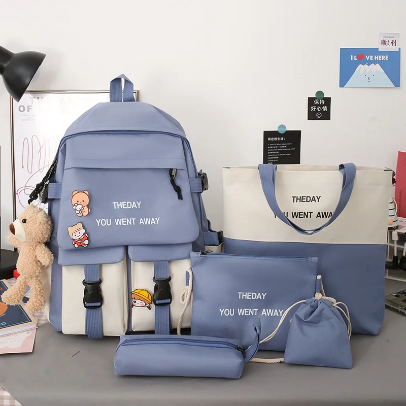 Korean Style 5 in 1 Student Backpack Set Contrast Color Large Capacity School Bag Combo Casual Travel Daypack for Teenage Girls