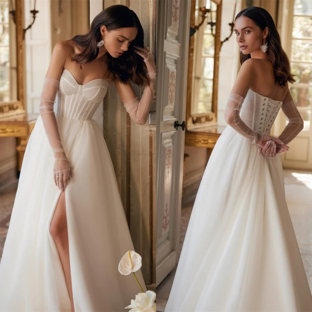 

Customized White Tulle Bridal Gowns Temperament Strapless Detachable Sleeve Long Sleeves Wedding Dresses Chapel Train Dress
