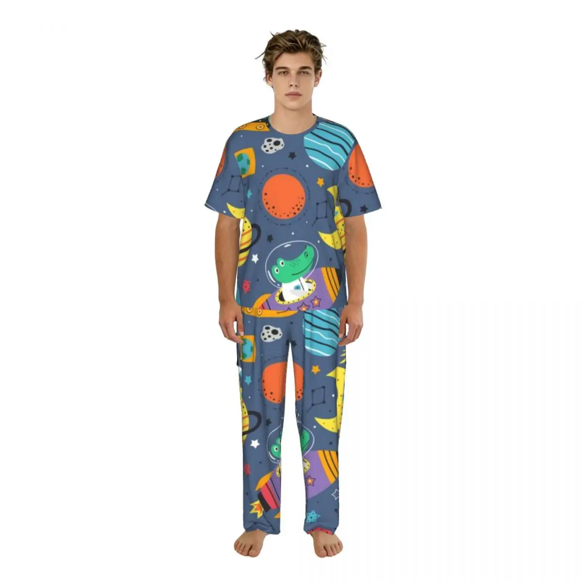 Men's Casual Pajamas Sets Short Sleeve and Pants Sets Male Sleepwear Crocodile Fox And Raccoon Home Clothes