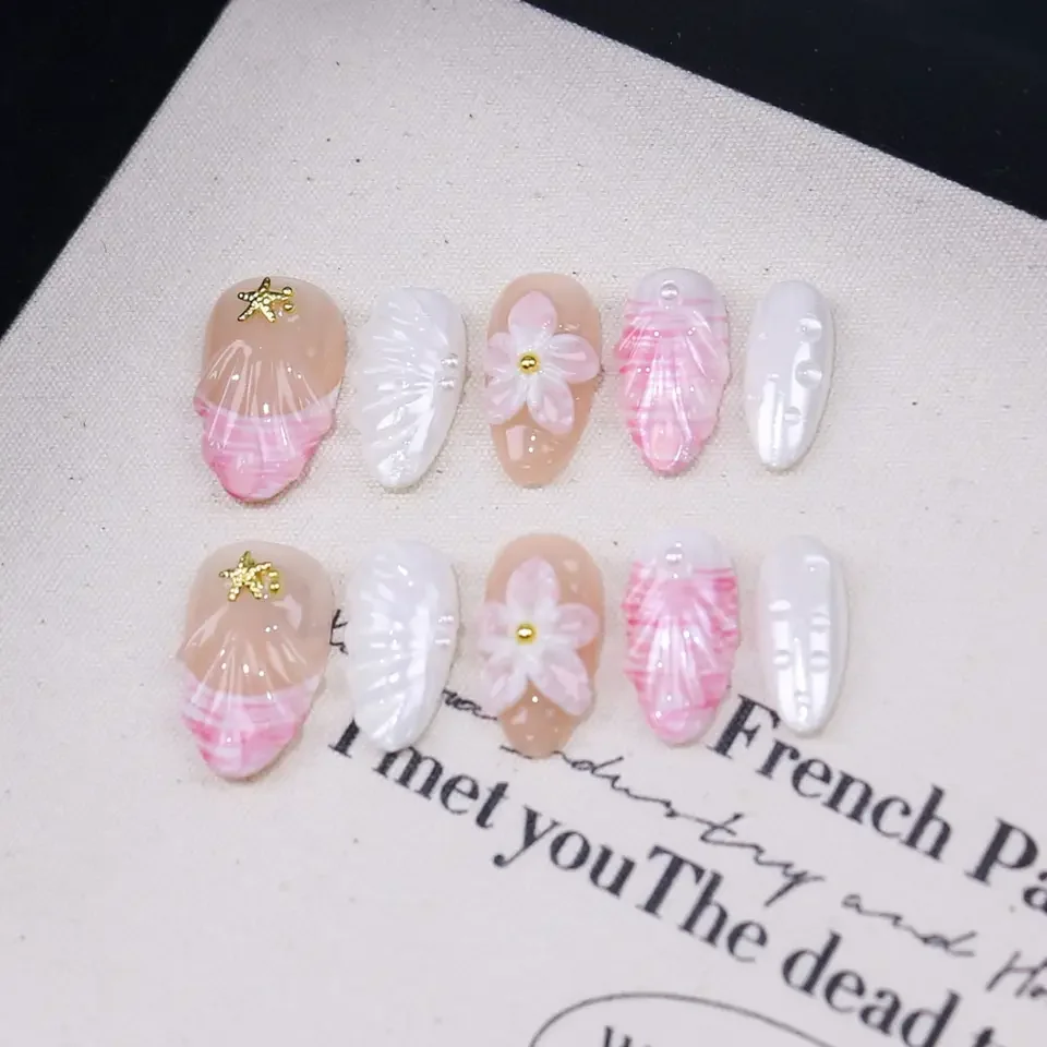 

10pc Pure Handmade Press On Nails 3D Carved Shell Ocean Mermaid Nail Stickers For Summer Seaside