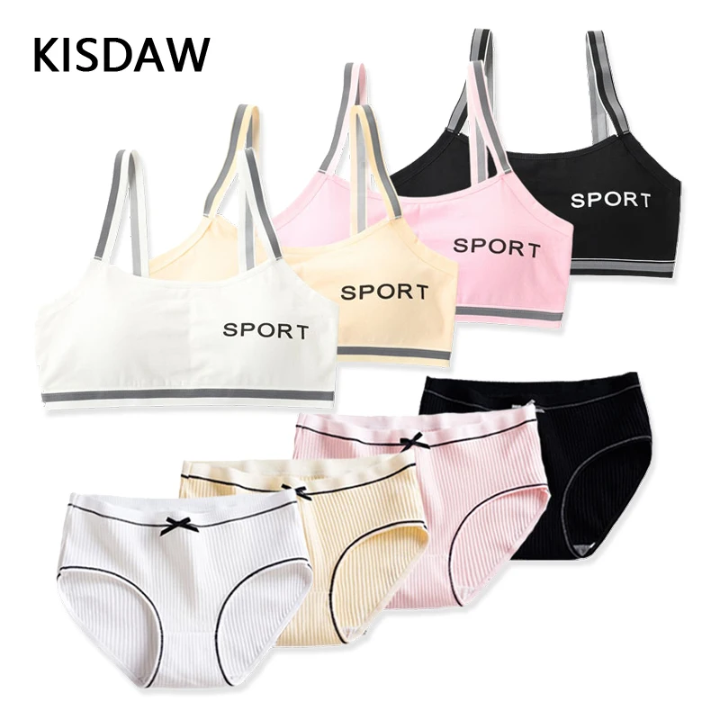 4 Pc/Lot Wireless Girl Sport Bra Underwear Sets Cotton Breathable Sweatwicking Female Brassiere Young Girls Panties Lingerie Set