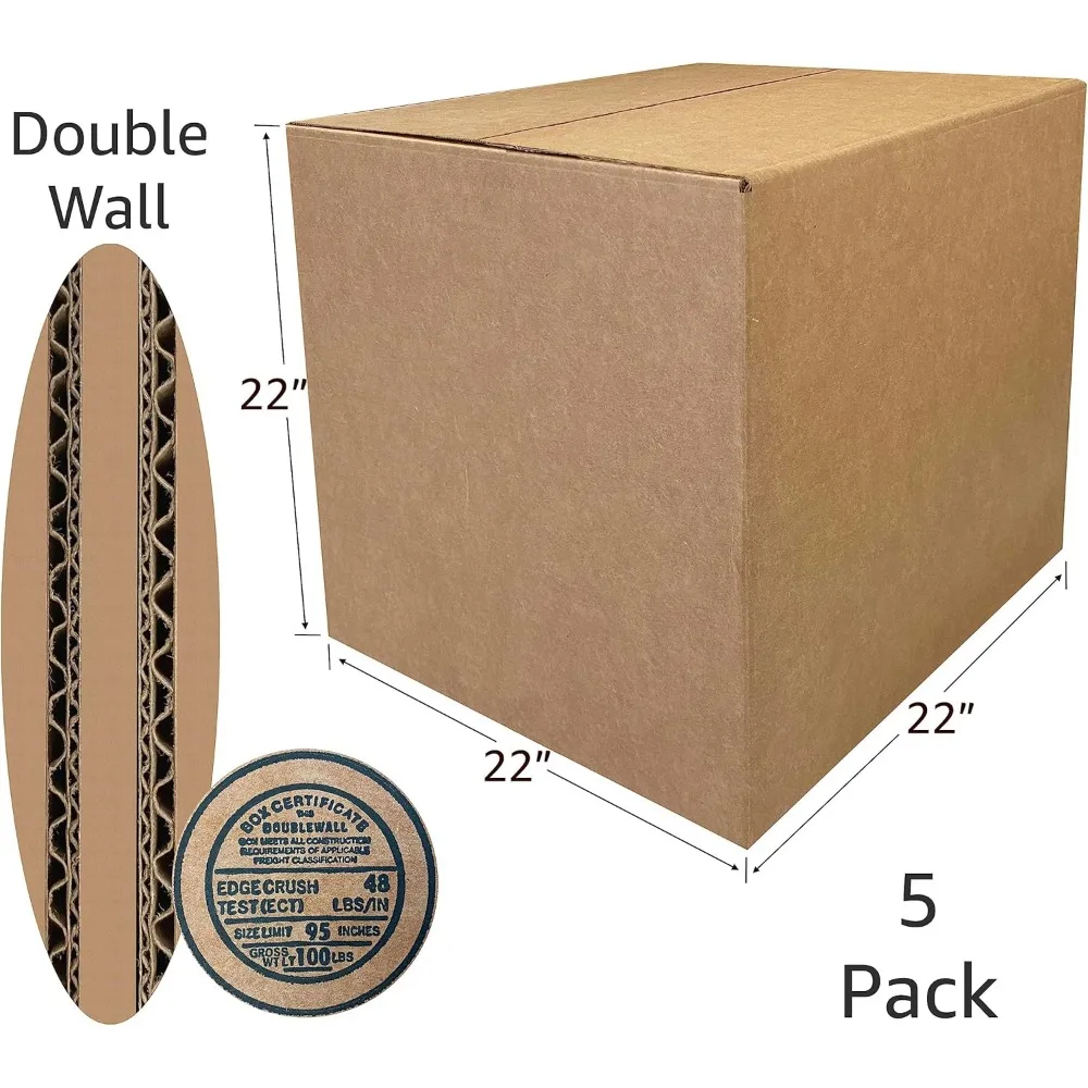 صناديق شحن مموجة شديدة التحمل بوزن 275 رطل، 5 عبوات، 22 × 22 × 22 بوصة، قوية جدًا للتحريك والتغليف #2