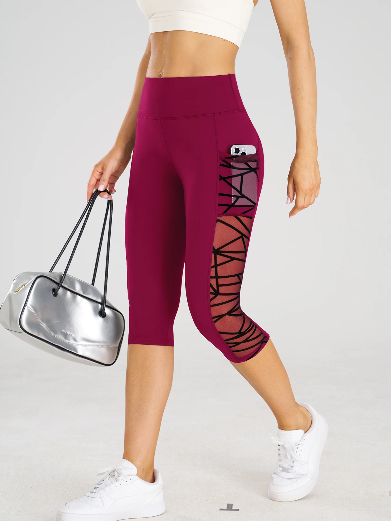 High Waist Yoga Crop Pants Leggings With Pockets Sports Fitness Casual Tight Yoga Pants Side Cross Mesh Stitch Capri Leggings image 4