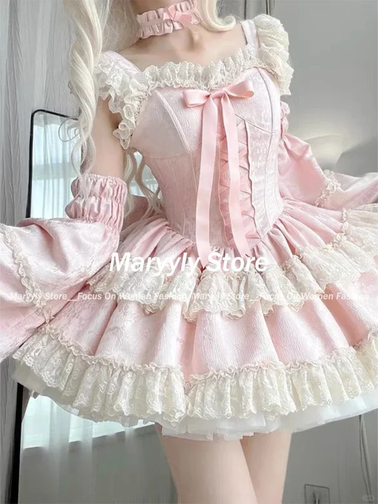 Japanese Sweet Lolita Style Princess Dress Women Kawaii Cute Lace Bow Slim Mini Dresses Elegant Y2k Harajuku Evening Party Dress