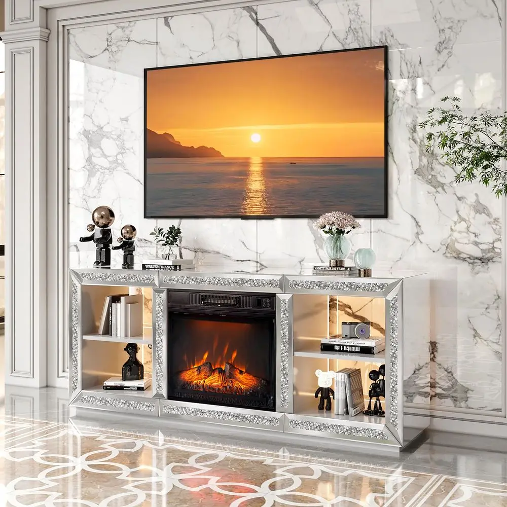 

Mirrored Fireplace TV Stand for 70 TV, Diamond Entertainment Center with Shelves 20 Color LED Lights, Media Console Table with