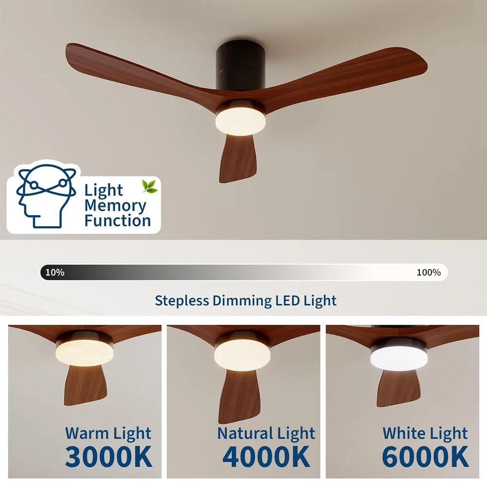 52 Inch Ceiling Fans with Lights and Remote Control - Flush Mount Low Profile Ceiling Fan with Solid Wood Blades, Dimmable 24W LED 3CCT Light, Quiet Reversible DC Motor, 6 Speeds for Bedroom Living Room