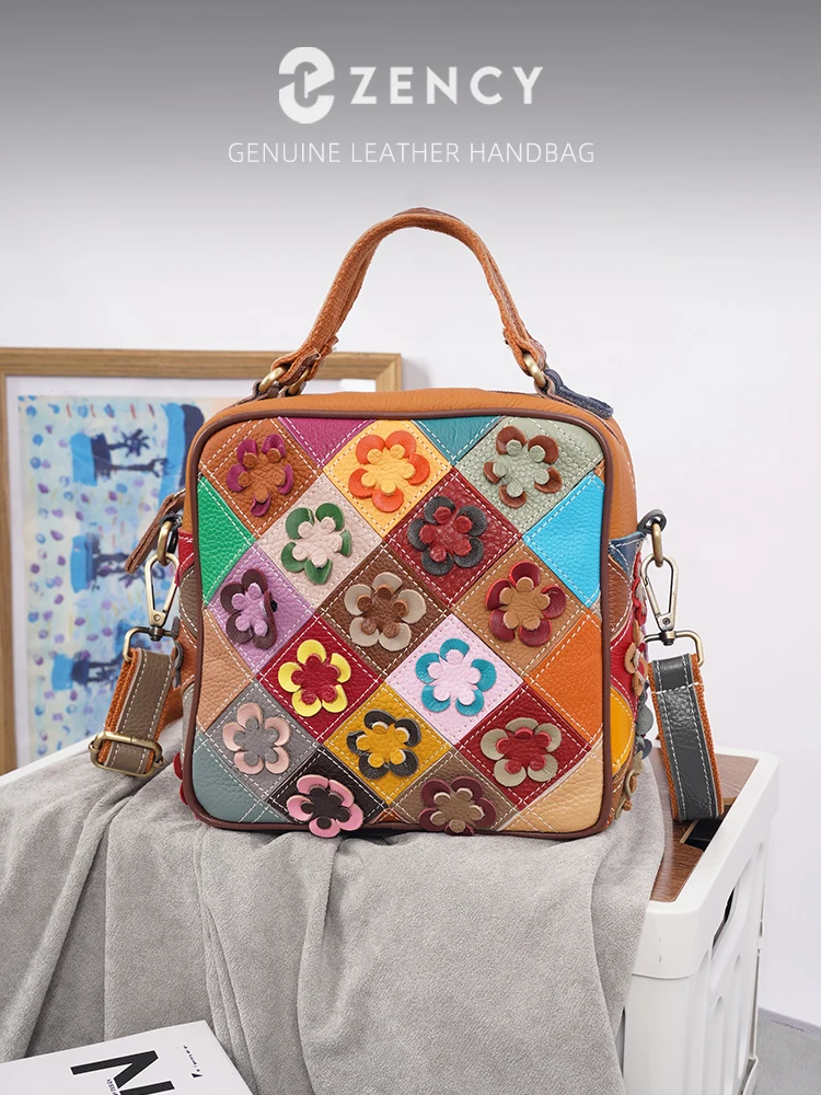 Zency Lady Large CapacityTop Handle Bag Women's Genuine Leather Handbag Fashion Square Bag Shoulder Crossbody For Mom Wife Lover