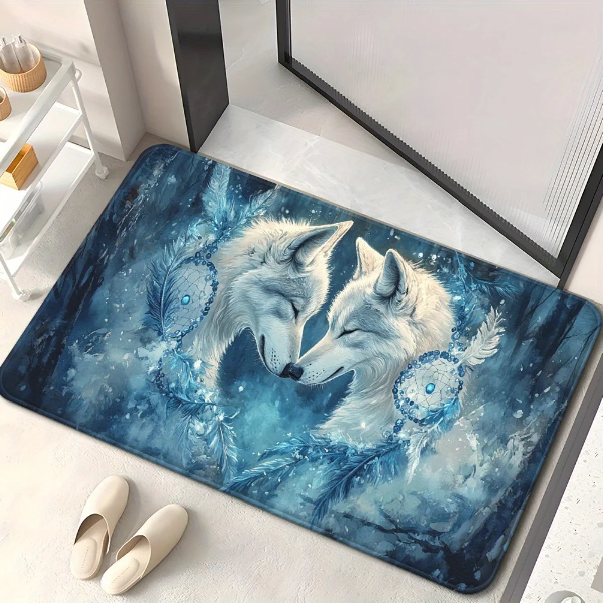 1pc Dream Catcher White Wolf Couple Door Mat Romantic Animal Art Design Blue Tone Decorative Rug For Bedroom Living Room