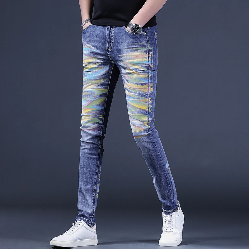 Multicolour Printed Blue Men\'s Jeans Casual Slim Fit Pencil Pants Korean Style Denim Trousers CP2228