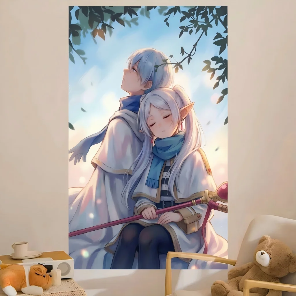 1pc F-Frieren & H-Himmel Couple Tapestry Sunset Tree Pastel Print Wall Hanging Anime Decor Teen Bedroom Dorm Otaku Fans Gift