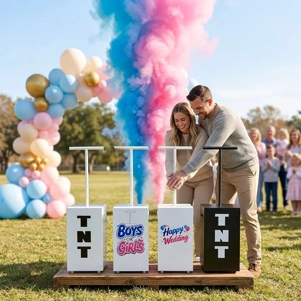 New Gender Reveal Cannon Machine TNT Box Powder Smoke Fog Confetti Blaster Remote Control Button Control Switch