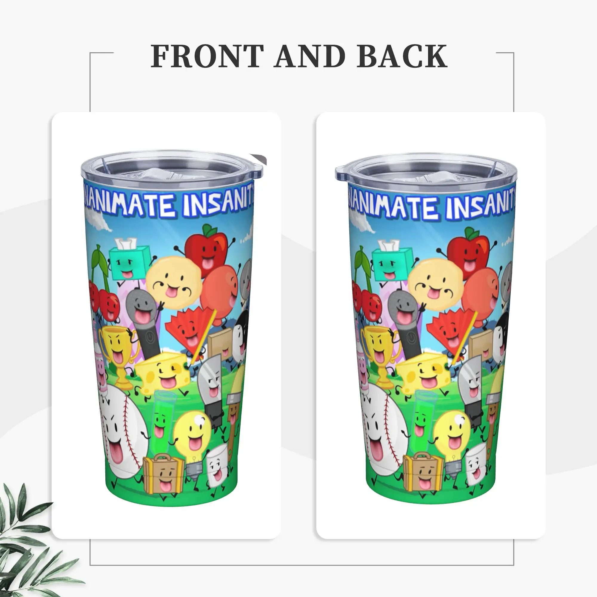 BFDIs Inanimate Tumbler Vacuum Insulated Battle for Dream Island Thermal Cup with Lid Straw Double Wall Mug Hot Cold Drink, 20oz