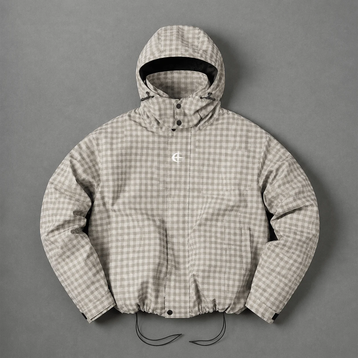 Neue Herrenjacke mit Karomuster und Kapuze, verstellbare Kordelzugbänder an Kapuze und Saum, winddichtes Material, lockere Passform mit überschnittenen Schultern, in verschiedenen Farben erhältlich, vielseitiges Freizeitoberteil für Herbst und Winter. – Detail 4