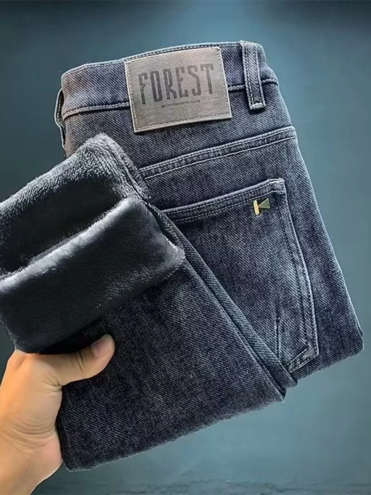 

Модные джинсы на подкладке Fce, мужские эластичные утягивающие теплые прямые длинные брюки, зимние повседневные длинные брюки со средней талией на молнии