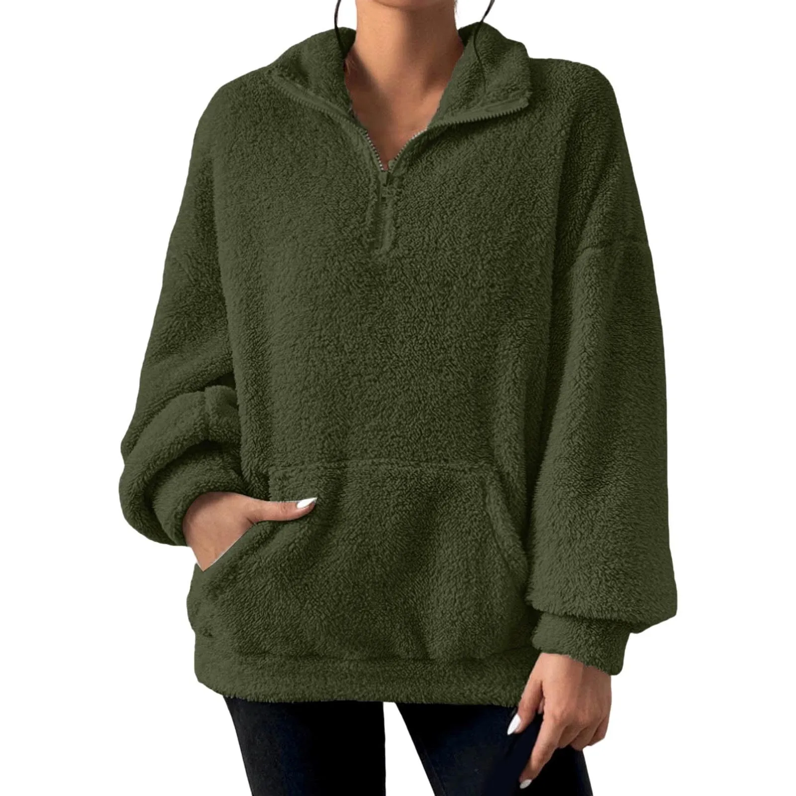 Women's Solid Color Half Zip Long Sleeved Hoodie Warm Fuzzy Hoodies for Women