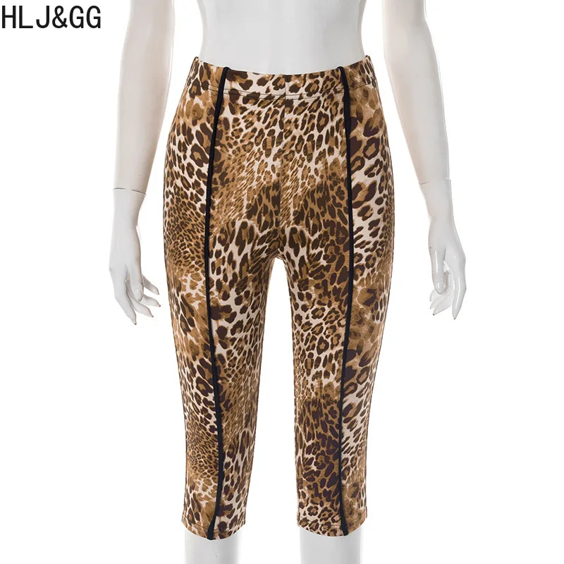 HLJ&GG Black Sexy Bandage Corse Two Piece Sets Women Sleeveless Backless Slim Top And Leopard Shorts Outfits Fashion Streetwear