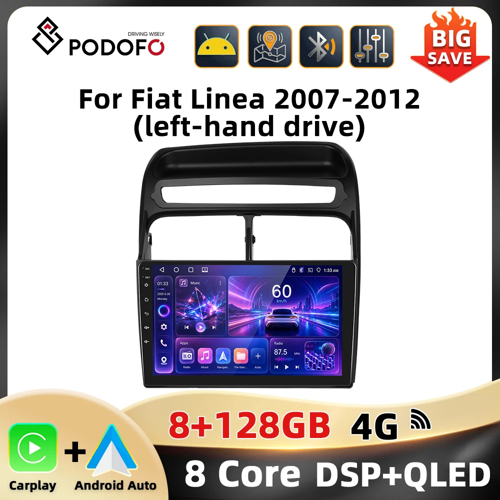 Autoradio Podofo 4G pour Fiat Linea 2007-2012, lecteur multimédia 8 cœurs 8+128G, autoradio WIFI GPS AM FM RDS DAB, système intelligent pour voiture.