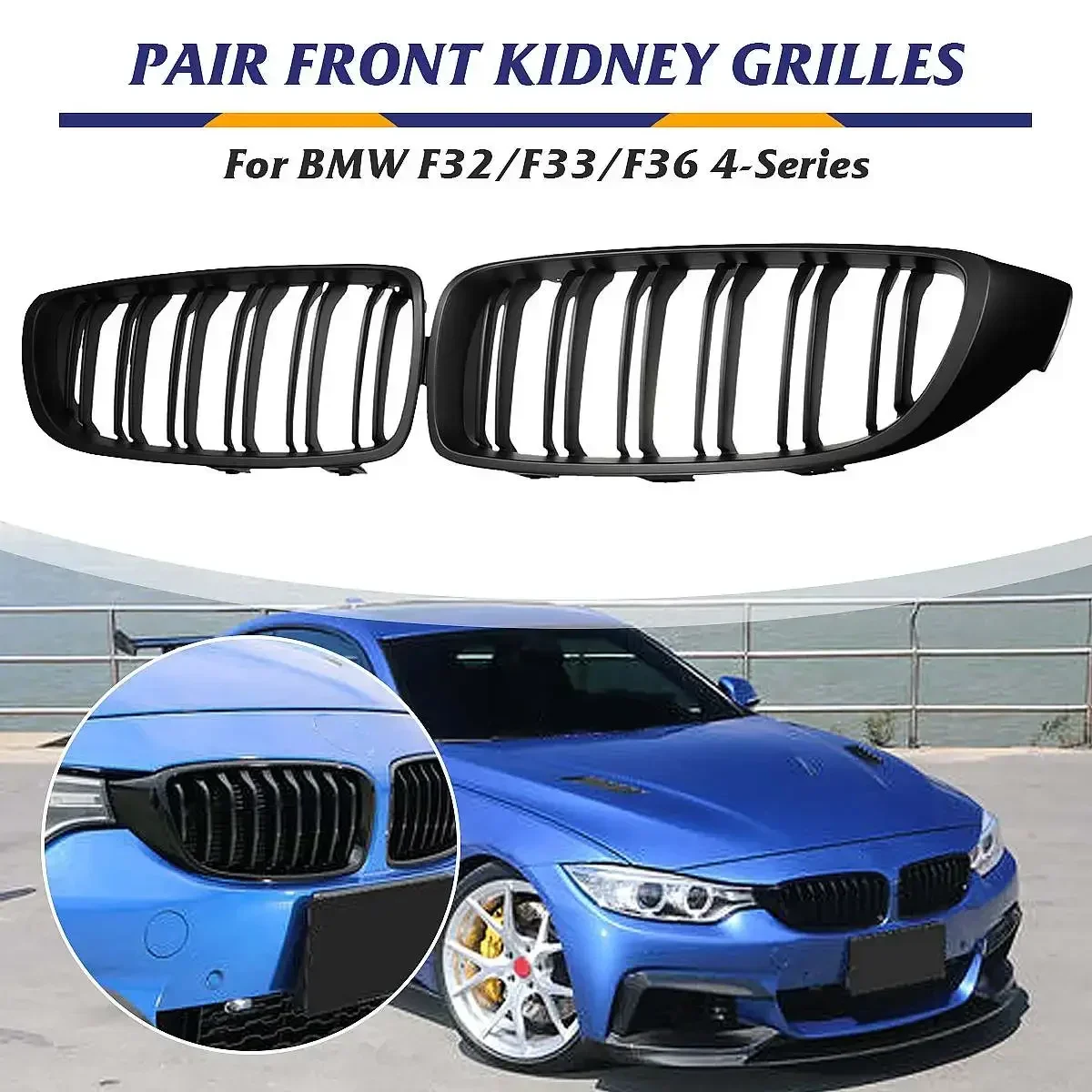 

2PCS Front Grill Grilles Kidney Replacement for BMW 4 Series F32 F33 F36 F80 F82 Double Slat M4 Sport Style Matt Black Body Kit