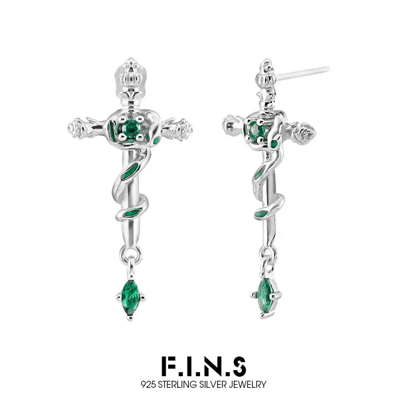 

F.I.N.S Unique S925 Sterling Silvers Snake Cross Studs Earrings Green Cubic Zirconia Piercing Ear Fine Jewelry Women Accessories