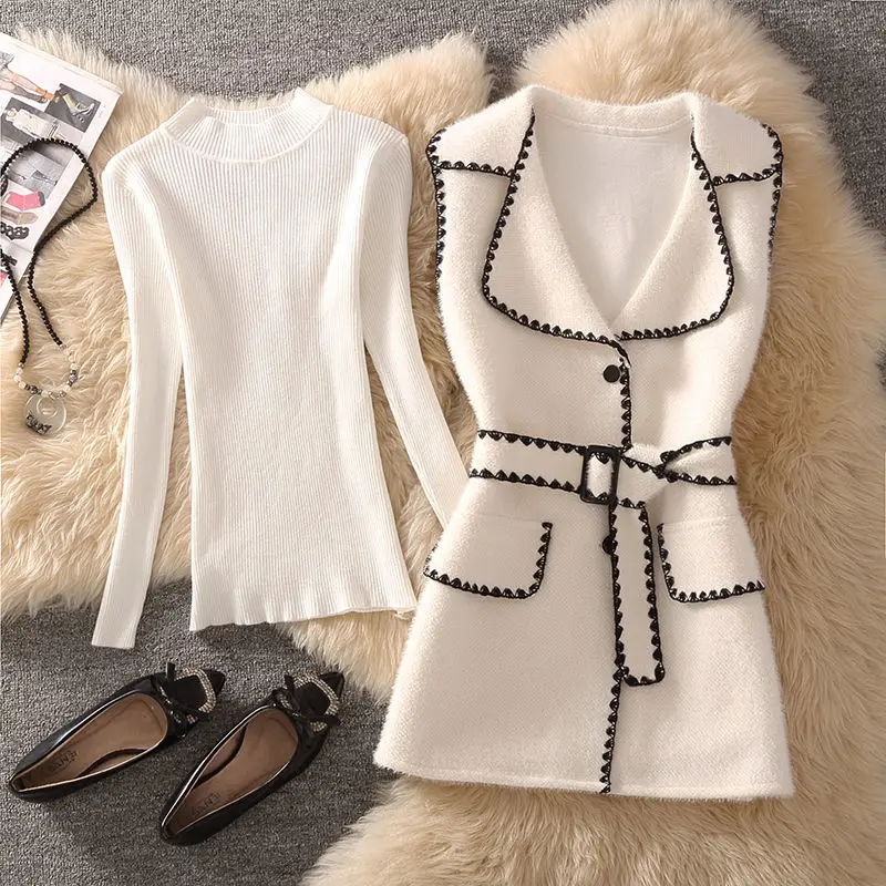 Women Autumn Winter Vintage Suit Pullover Knitted Sweater Top And Woolen Vest Jacket Two Piece Set Elegant Matching Outfit Cloth