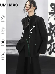 UMI MAO New Chinese Woolen Coat Women's Bell Orchid Embroidery Black Loose Blazers Top For Autumn And Winter Jacket Femme