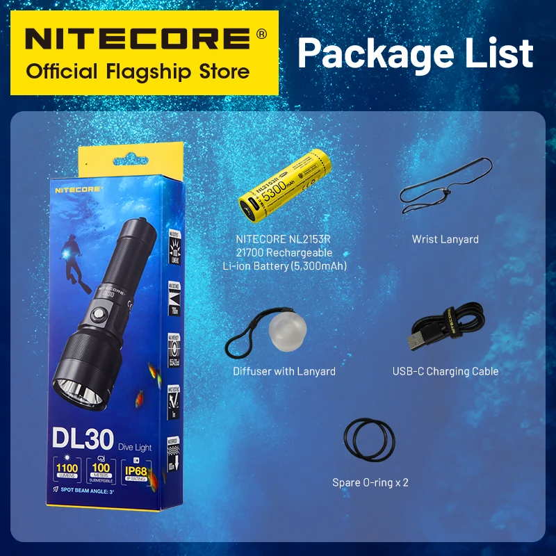 NITECORE DL30 ไฟฉายดําน้ําสําหรับ 100 เมตร Submersible 788 M Long Range Spotlight พร้อม USB-C ชาร์จ 21700 Li-Ion แบตเตอรี่