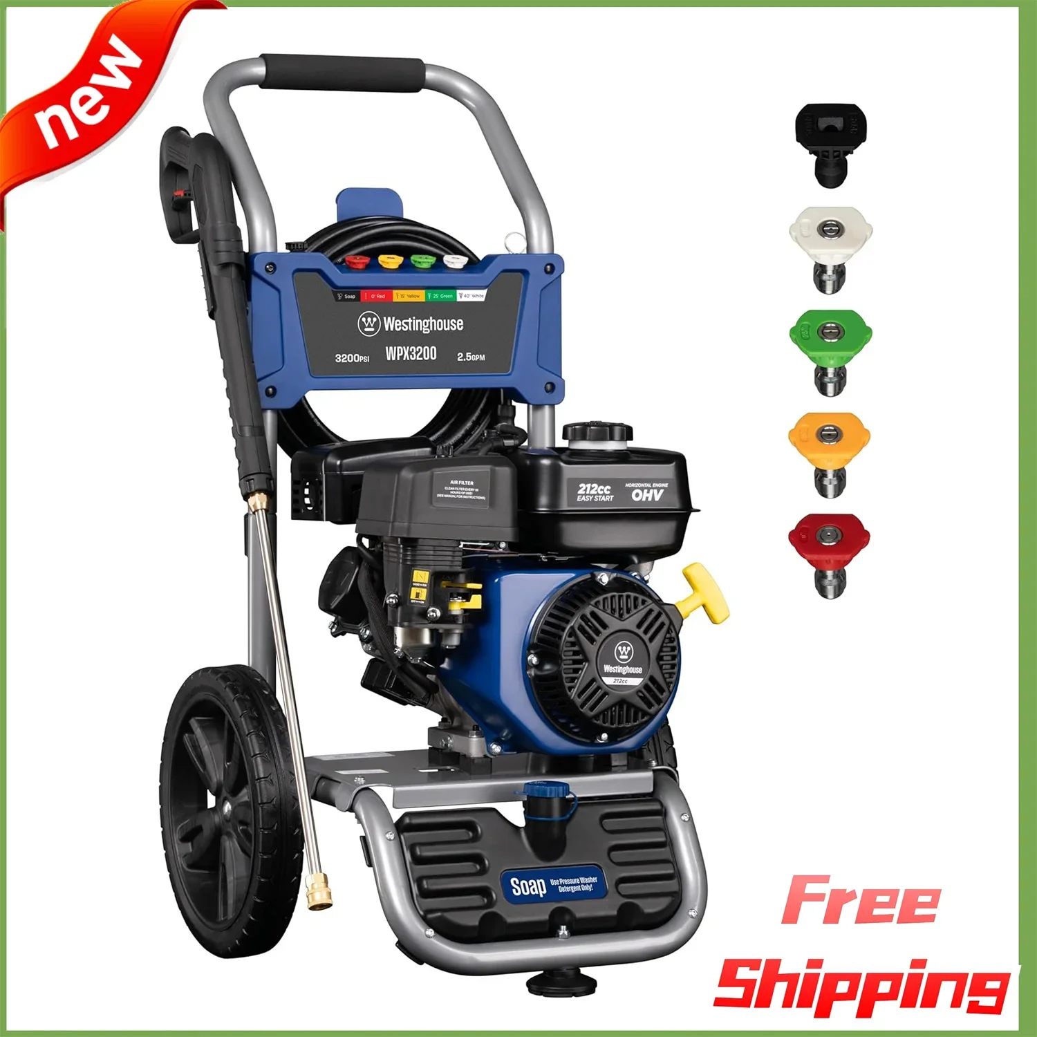 

WPX3200 Gas Pressure Washer, 3200 PSI and 2.5 Max GPM, Onboard Soap Tank, Spray Gun and Wand, 5 Nozzle Set