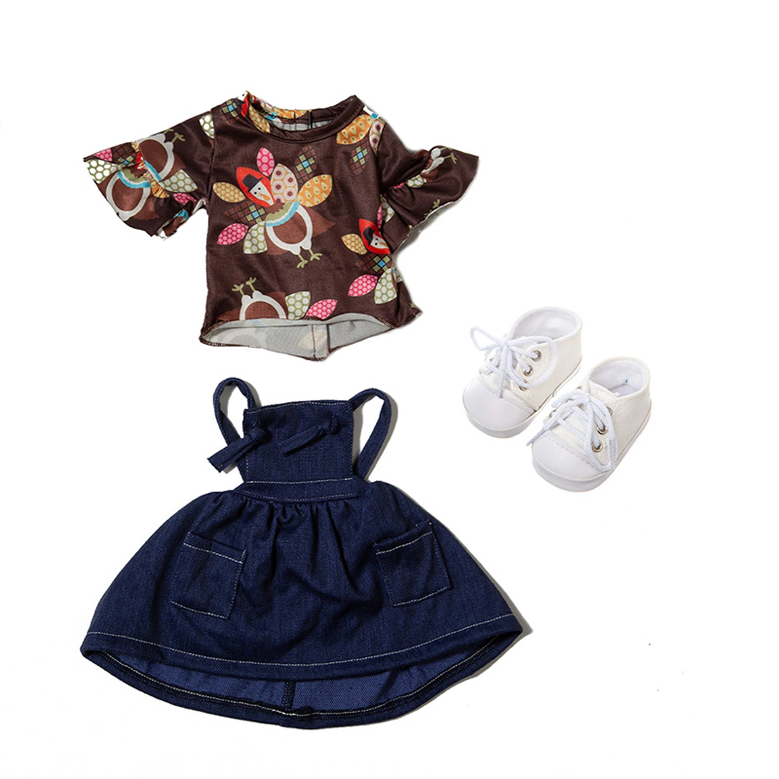 16-18 inch simulated doll clothing set, reborn doll clothing, children's toy accessories, turkey denim shoulder strap skirt